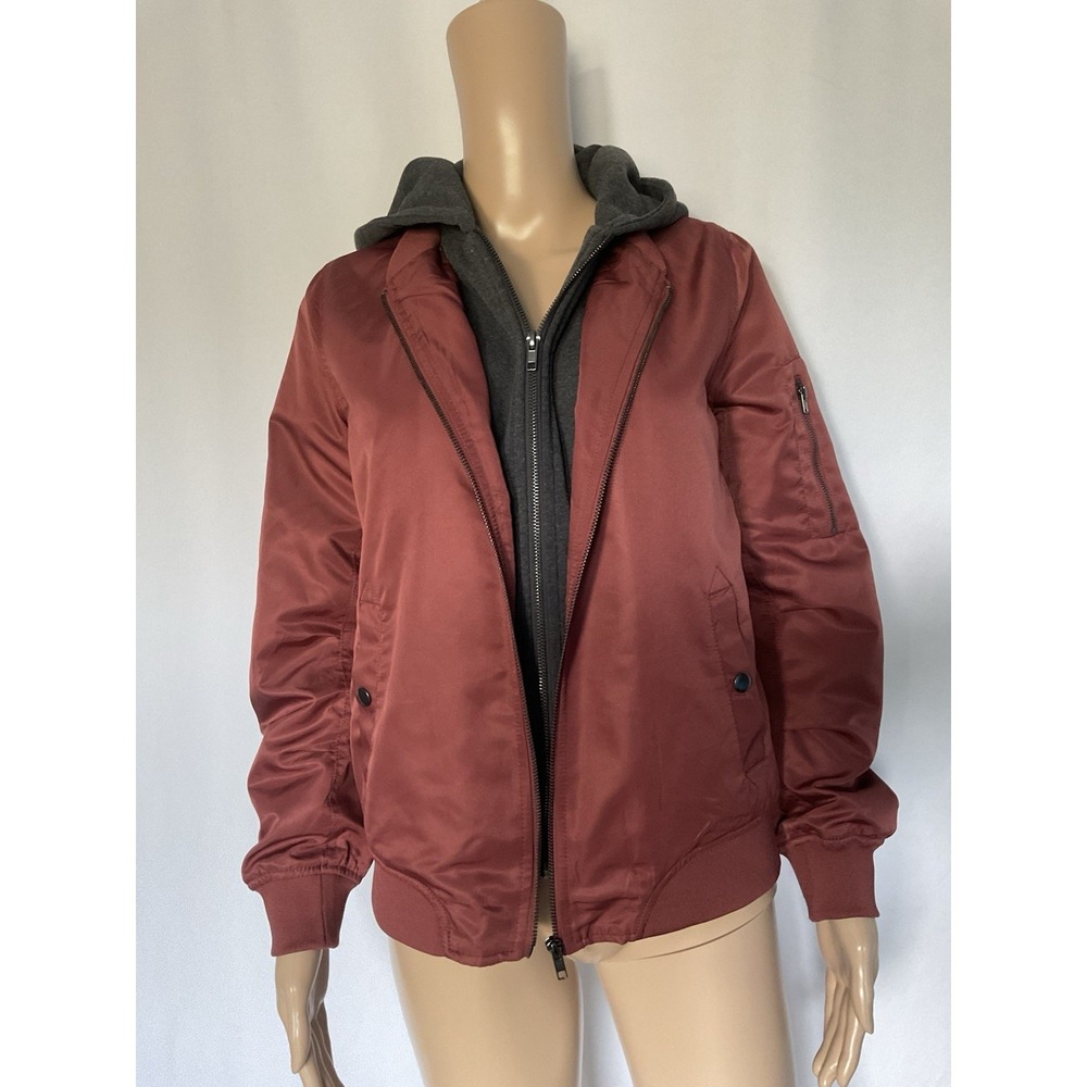 Forever 21 Bomber Utility Coat Hooded Jacket Maroon Grey Hoodie Full Zip Size S